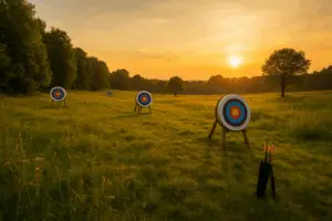 Zielscheiben auf einer Wiese im Abendsonneschein