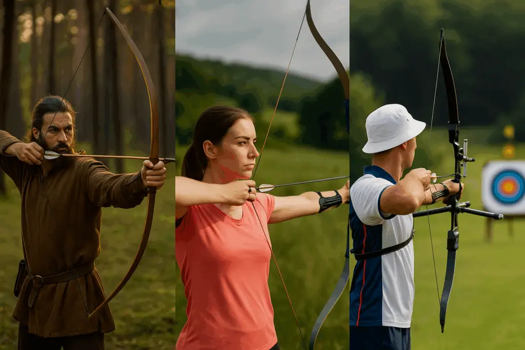 Collage mit weichen Übergängen, die drei Formen des Bogenschießens zeigt: links ein traditioneller Schütze mit Langbogen im Wald, in der Mitte eine Frau mit modernem Recurvebogen in der Natur, rechts ein olympischer Bogenschütze auf einem Wettkampffeld.