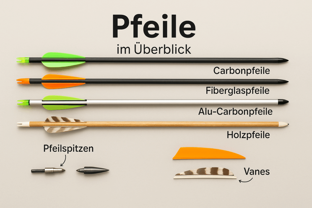 Übersicht von vier Pfeilarten für Bogenschießen – Carbonpfeile, Fiberglaspfeile, Alu-Carbonpfeile und Holzpfeile – mit Pfeilspitzen und Vanes, auf beigem Hintergrund beschriftet