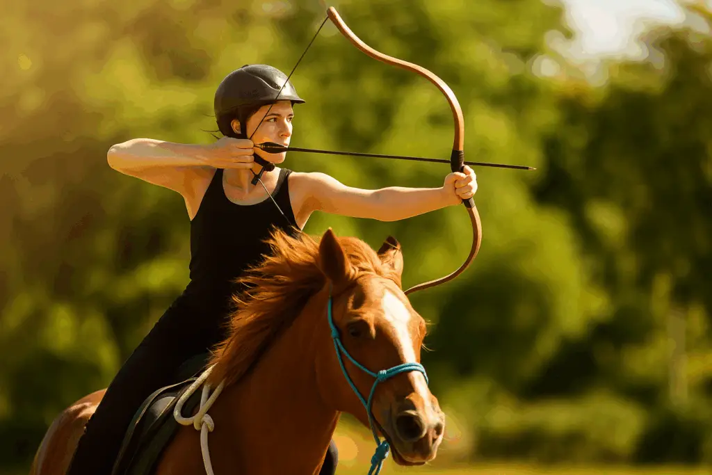 Frau schießt mit Bogen auf Pferd