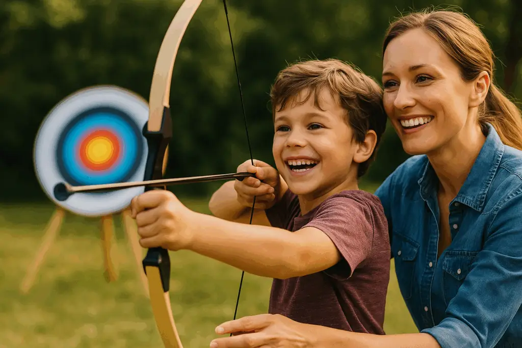 Kinderbogen & Kinderbogensets – sicher starten, schnell treffen! 1 kinderbogen - freudig lachende Mutter und kind mit bogen für kinder