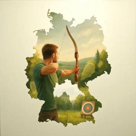 Bogenschiessen event - Silhouette von Deutschland im Vordergrund, dahinter ein realistischer Bogenschütze in natürlicher Umgebung – symbolisiert regionale Bogenschießplätze in Deutschland und führt zur suche Bogenschießen in der Nähe Übersicht.